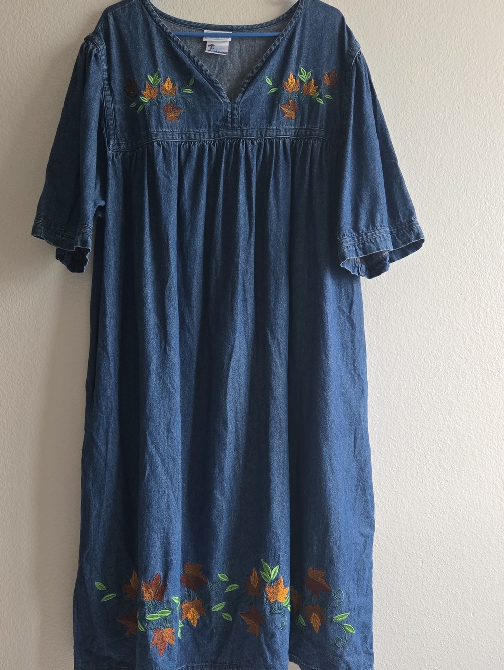 Denim Embroidered Fall Leaf Dress